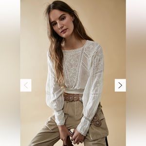 Free People Lucky Me Lace Crochet Top in Cream Size L